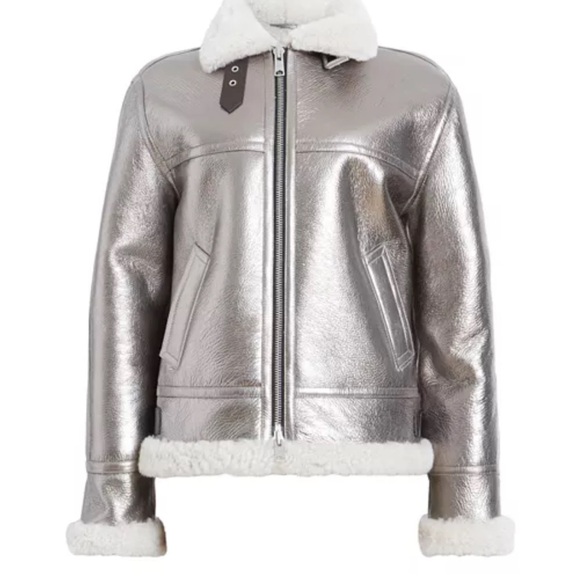NWT AllSaints Silver Lorel Shearling Jacket Medium – Metallic Luxe Statement - Picture 6 of 15